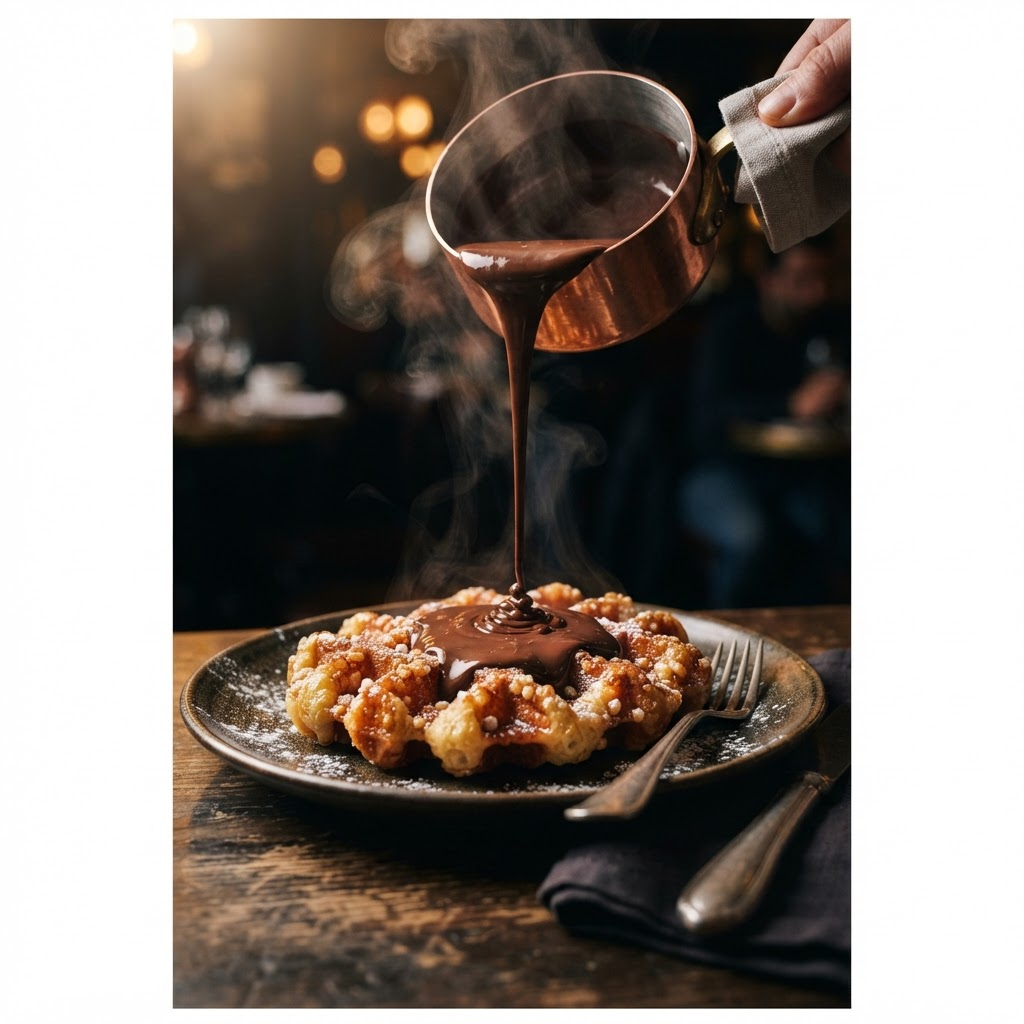 Molten Belgian chocolate poured over a golden Liège waffle